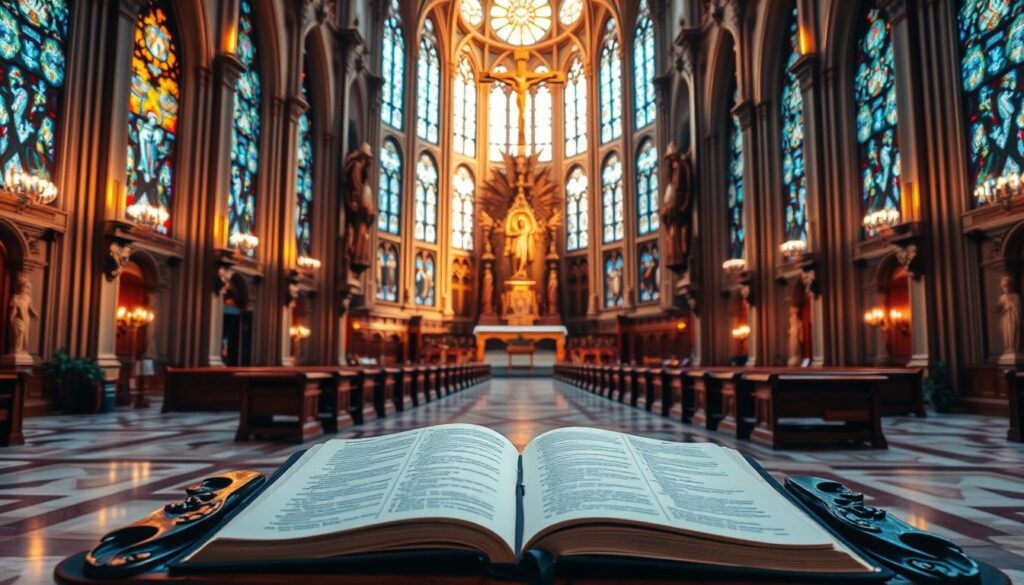 A serene cathedral interior, bathed in warm, soft lighting. Intricate stained glass windows cast kaleidoscopic patterns on the ornate marble floors. In the foreground, an open Bible rests on a carved wooden lectern, its pages gently illuminated. The middle ground features ornate religious iconography, from gilded crucifixes to statues of revered saints. In the background, rows of wooden pews lead the eye towards a grand, towering altar, the focal point of Catholic New Testament teachings.