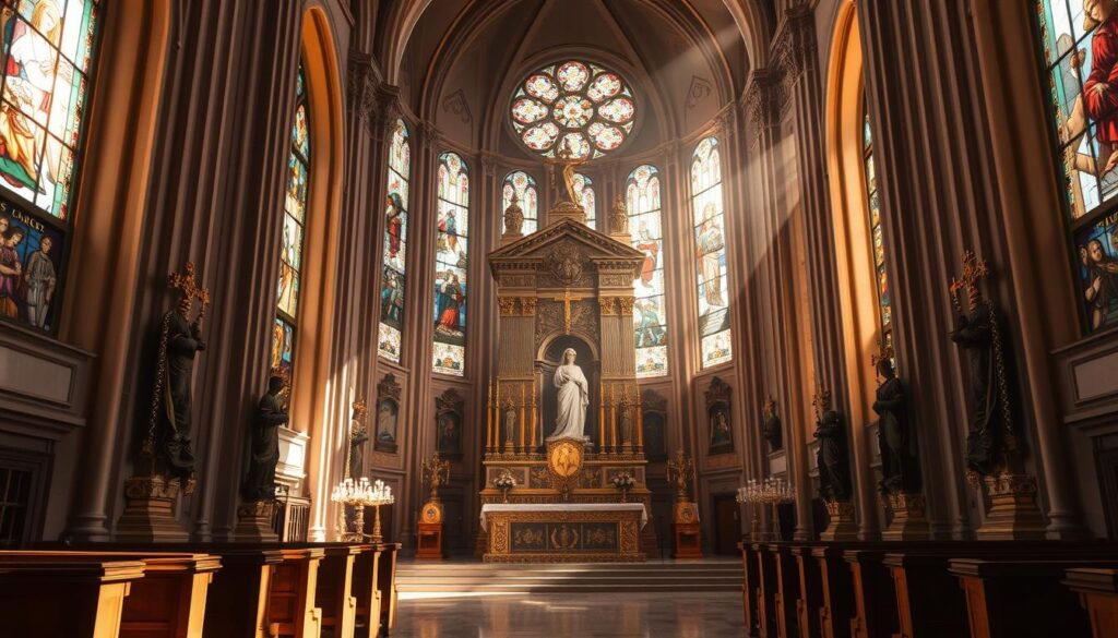 A serene cathedral interior, bathed in warm, soft lighting. The ornate altar is the focal point, adorned with intricate religious iconography - gilded crosses, statues of saints, and stained glass depictions of biblical scenes. Sunlight streams through the stained glass windows, casting a kaleidoscope of colors across the marble floors. The atmosphere is one of reverence and contemplation, inviting the viewer to pause and reflect on the rich symbolism and spiritual significance of Catholic imagery.