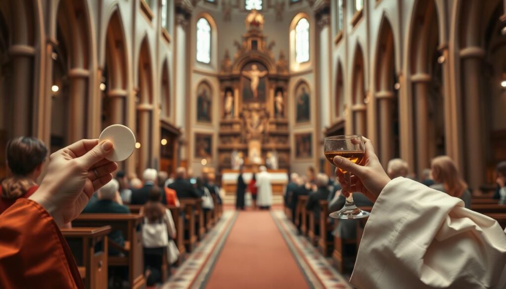 A serene cathedral interior with warm, diffuse lighting. In the foreground, two communicants - one holding a communion wafer, the other a chalice of wine - representing the Lutheran and Catholic traditions. In the middle ground, worshippers of both faiths kneel at the altar, their reverent poses reflecting the solemn yet contrasting ritual practices. The background showcases the architectural elements that distinguish these sacred spaces, with ornate Catholic iconography juxtaposed against the more austere Lutheran styling. An atmosphere of contemplation and shared faith pervades the scene, hinting at the subtle yet meaningful differences between these Christian denominations.