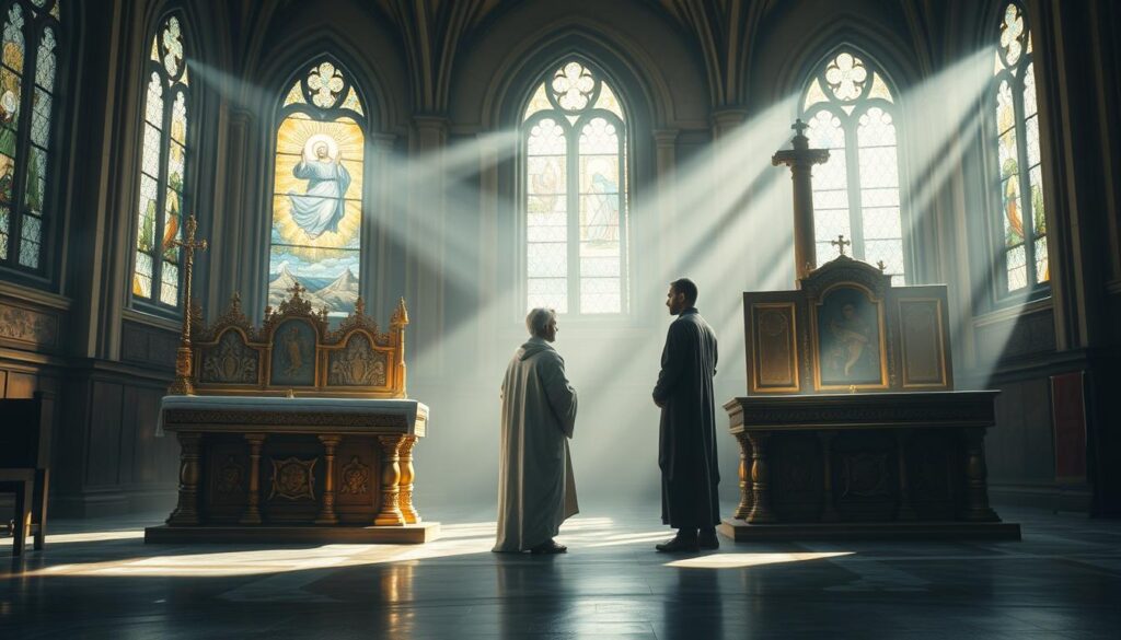 A serene, cathedral-like interior with diffused natural lighting filtering through stained glass windows. In the foreground, two contrasting altars stand side-by-side, one ornate and gilded, the other simple and wooden. Above each, a heavenly scene of salvation, depicted with masterful brushstrokes. The middle ground is occupied by two figures, one in a flowing robe, the other in modest attire, engaged in thoughtful discussion. The background fades into a contemplative haze, conveying the gravity and complexity of the theological differences between the two belief systems. Subtle chromatic shifts and a sense of reverence permeate the scene, inviting the viewer to ponder the nuances of these divergent paths to salvation.