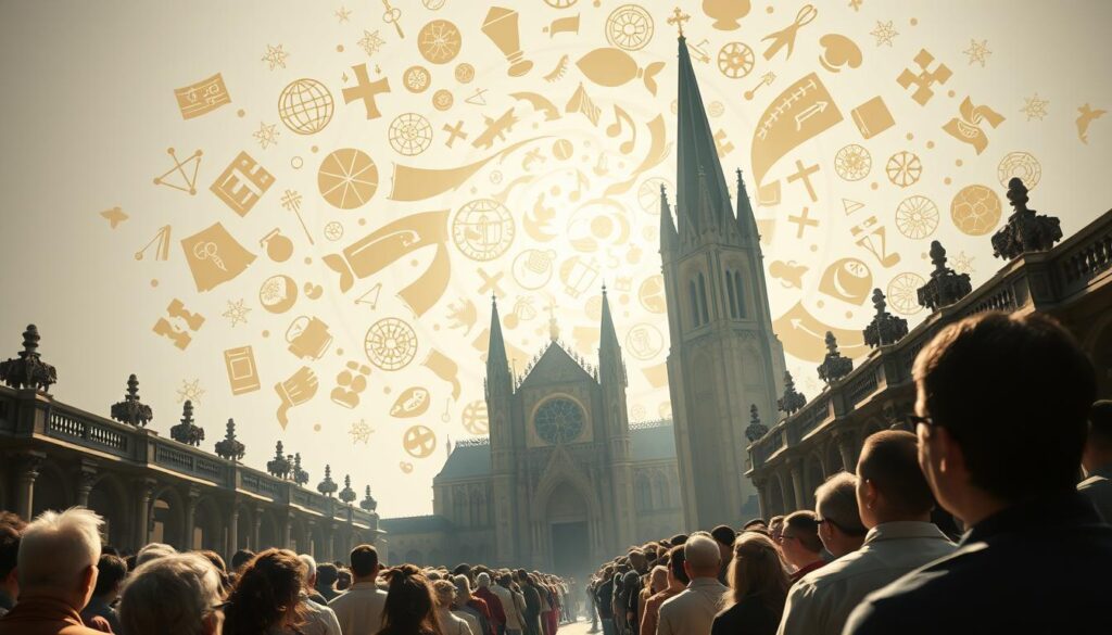 A serene cathedral stands as a testament to the enduring power of faith, its soaring spires reaching skyward. In the foreground, a diverse congregation gathers, their expressions reflecting the weight of global religious affairs. Soft, diffused lighting casts a warm glow, evoking a sense of contemplation and unity. In the background, a swirling tapestry of cultural symbols and traditions converge, symbolizing the interplay of beliefs that shape the modern Church.