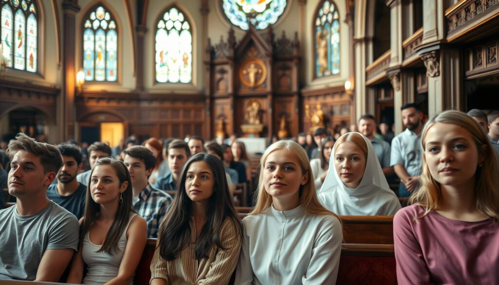 A serene church interior, bathed in warm, soft lighting. In the foreground, a group of young adults - men and women, some in casual attire, others in modest religious garb - seated attentively, their faces reflecting a sense of reverence and contemplation. The middle ground reveals the ornate architectural details of the church - intricate stained glass windows, carved wooden pews, and a grand altar adorned with religious symbols. In the background, a sense of community and togetherness, as more parishioners file in, their expressions conveying a renewed spiritual conviction and dedication to their faith.
