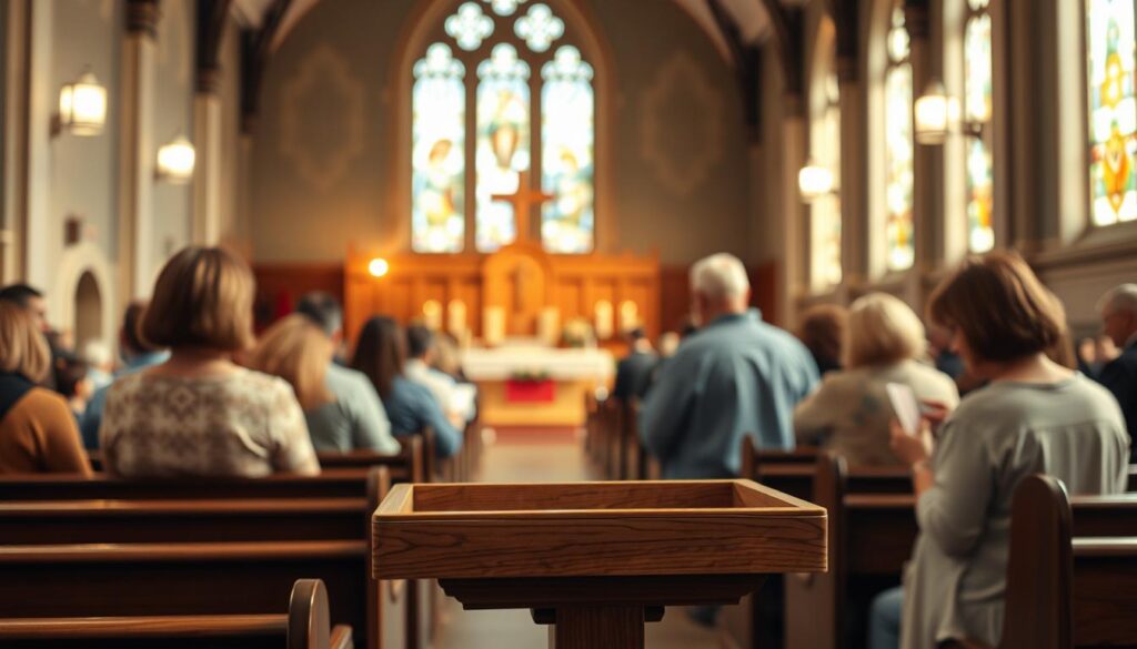 A serene church interior, soft lighting filtering through stained glass windows, casting a warm glow on the pews. In the foreground, a wooden collection plate is prominently placed, its simple design inviting worshipers to make their donation. Parishioners, their faces focused and reverent, carefully place their offerings, contributing to the ongoing support of the Catholic ministry. The altar in the background stands as a reminder of the spiritual significance of this moment, the act of giving a physical manifestation of one's faith. The atmosphere is solemn yet uplifting, a sense of community and shared purpose permeating the space.