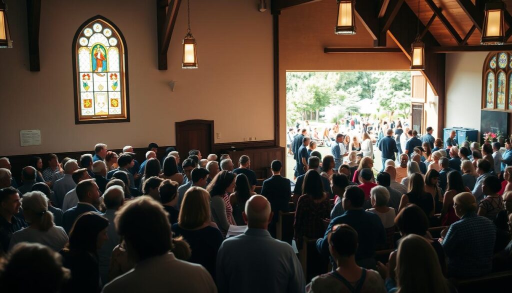 A serene church interior with warm, natural lighting filtering through stained glass windows. In the foreground, a diverse congregation engaged in worship, some singing, others in contemplative prayer. The middle ground showcases a vibrant community gathering, with small groups discussing scripture and sharing a meal. In the background, a bustling outdoor scene reveals the church's active involvement in local initiatives, volunteers tending to a community garden or hosting a fundraiser. Capture the sense of unity, devotion, and outreach that defines this protestant church's unique approach to worship and community engagement.