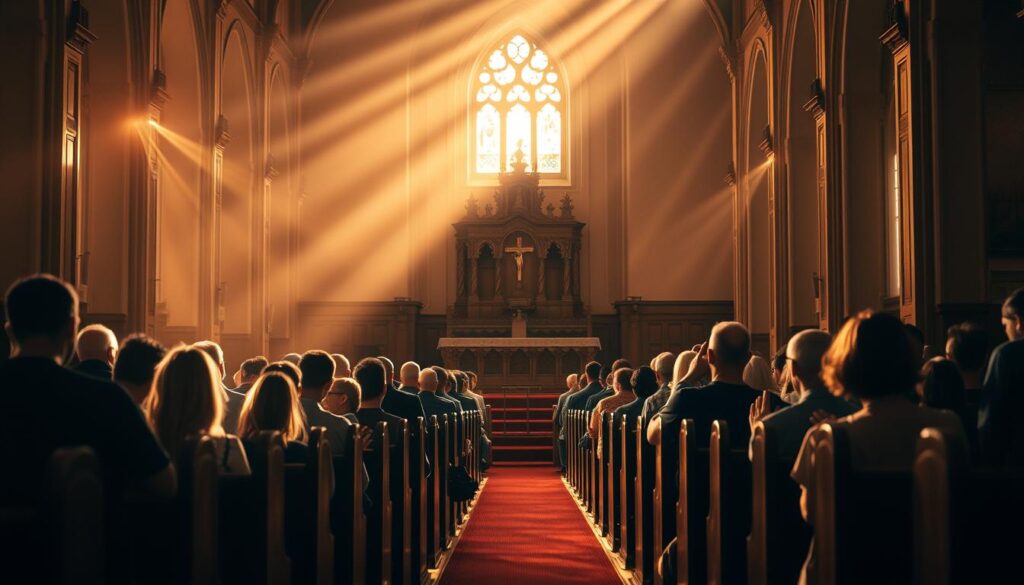 A serene church interior with warm, soft lighting casting a reverent glow. Rows of polished wooden pews face a central altar adorned with intricate carvings and a stained glass window. The congregation is seated, bowed heads and hands clasped in prayer, enveloped in a contemplative hush. Rays of sunlight stream through the windows, illuminating the reverent atmosphere. The scene evokes a sense of tranquility, devotion, and spiritual connection within the sacred space.