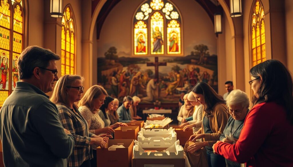 A serene church sanctuary bathed in warm, golden light from stained glass windows. At the center, a group of people engage in acts of Christian service, their expressions thoughtful and compassionate. In the middle ground, volunteers sort and pack care packages for those in need, their hands working diligently. In the background, a mural depicts scenes of spiritual growth and community outreach. The overall atmosphere conveys a sense of purpose, faith, and a commitment to making a positive impact on the world.