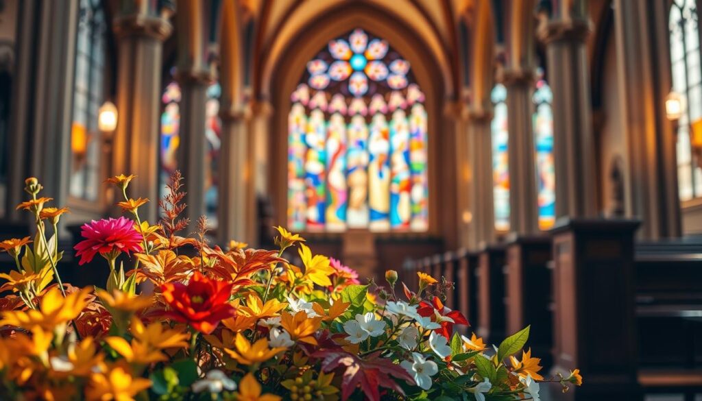 A serene church setting, bathed in warm, natural lighting. In the foreground, a vibrant display of seasonal flowers and foliage, representing the changing liturgical calendar. In the middle ground, the church's stained glass windows cast a kaleidoscope of colors, casting a reverent ambiance. The background showcases the architectural details of the church, with ornate arches and columns, hinting at the rich history and tradition. The overall scene evokes a sense of timelessness, as if the viewer is experiencing the ebb and flow of the liturgical seasons within the hallowed walls of this sacred space.