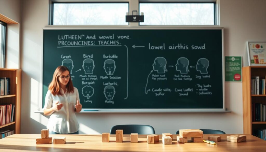 A serene classroom setting, with a chalkboard featuring diagrams and illustrations of pronunciation techniques. In the foreground, a teacher stands, demonstrating the proper mouth positions and airflow for specific Lutheran vowel sounds. On the desk, various objects like wooden blocks and tongue depressors provide tactile aids for students to practice. Soft, diffused lighting filters through large windows, creating a warm, educational atmosphere. The background features bookshelves and educational posters, conveying a sense of academic rigor. The overall scene is designed to visually guide the viewer through essential Lutheran pronunciation practices.