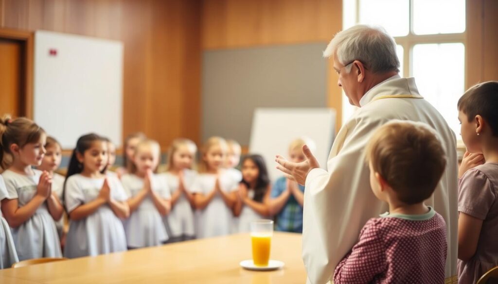 A serene classroom setting, with a group of children gathered around a table, their hands clasped, and their faces filled with reverence. The lighting is soft and warm, casting a gentle glow over the scene. In the foreground, a priest or teacher stands, guiding the children through the steps and traditions of their first holy communion, their robes flowing gracefully as they speak. The background is blurred, allowing the focus to remain on the sacred moment unfolding before us, a testament to the significance of this important milestone in a young Catholic's life.