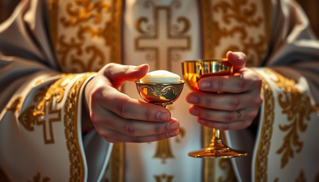 A serene, close-up view of a Catholic priest's hands holding the consecrated host and chalice during the Eucharistic celebration. The ornate gold and white vestments and sacred vessels are illuminated by soft, warm lighting, casting a reverent, ethereal glow. The background is blurred, focusing the viewer's attention on the central sacramental elements. The composition emphasizes the solemnity and spiritual significance of the Eucharistic rite, a core tenet of Catholic doctrine.