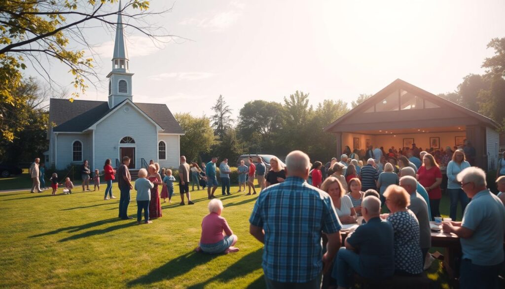 A serene community church on a sunny day, its steeple reaching towards the sky. In the foreground, a group of people of all ages gathered on the lawn, engaged in lively discussions and activities. The middle ground reveals a bustling Sunday school, with children learning and playing together. In the background, a cozy church hall hosts a potluck dinner, the aroma of homemade dishes wafting through the air. Soft, diffused lighting creates a warm, welcoming atmosphere, capturing the sense of togetherness and shared purpose that defines this vibrant community.