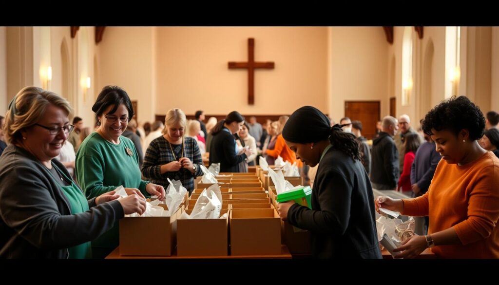 A serene community gathering unfolds within the church's warm embrace. In the foreground, volunteers diligently assemble care packages, their faces radiating kindness. The middle ground showcases a diverse group of congregants, young and old, working together in harmonious collaboration. The background reveals the church's welcoming architecture, bathed in soft, diffused lighting that evokes a sense of spiritual tranquility. This image captures the essence of the Lutheran Trinity Church's mission, where service and love intertwine to create a vibrant, compassionate community.