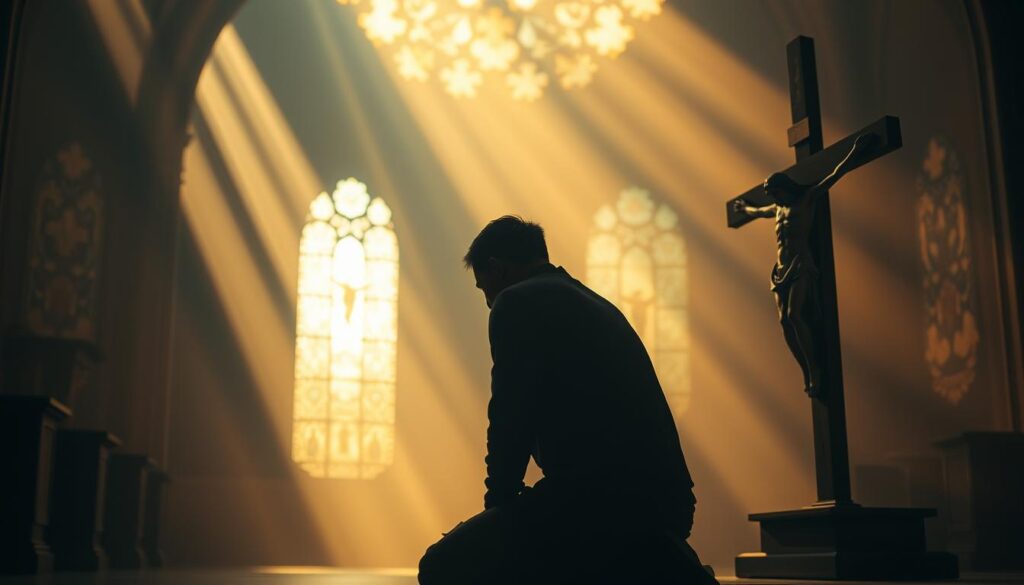 A serene, contemplative figure kneeling in a dimly lit chapel, rays of soft, golden light streaming through stained glass windows, casting a warm, ethereal glow. In the foreground, a crucifix stands as a symbol of redemptive suffering, while the figure's expression reflects a profound inner journey of spiritual growth and transformation. The background is hazy, with a sense of timelessness, emphasizing the meditative, introspective nature of the scene. The overall atmosphere conveys a sense of reverence, solace, and the transcendent power of faith to find meaning in life's challenges.