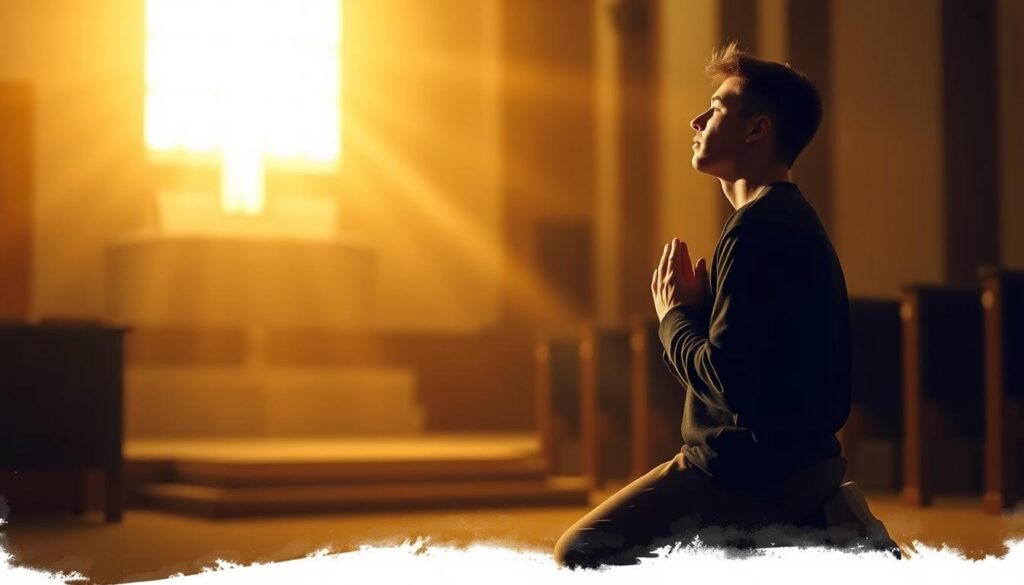 A serene, contemplative portrait of a person's personal relationship with Jesus Christ. In the foreground, a figure kneels in prayer, their hands clasped and head bowed, a look of profound reverence and devotion upon their face. The middle ground features a warm, glowing light radiating from above, casting a heavenly aura around the figure. In the background, a softly blurred church interior or landscape, conveying a sense of sacred space and spiritual tranquility. The scene is bathed in muted, golden tones, creating an atmosphere of profound solemnity and introspection. Delicate, wispy brushstrokes add an ethereal, painterly quality to the image.