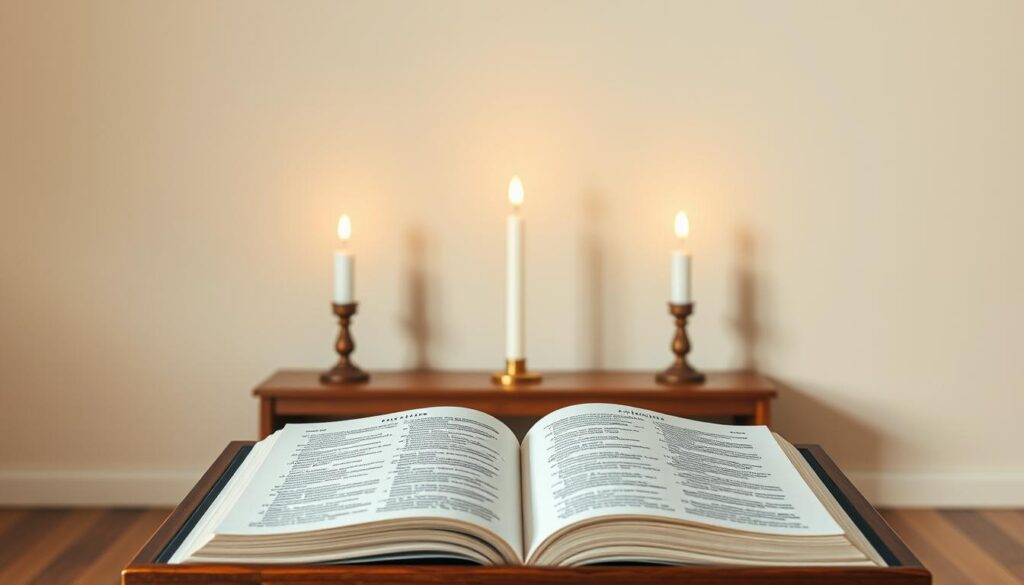 A serene, contemplative scene depicting the three solas of Lutheran theology - Sola Scriptura, Sola Gratia, and Sola Fide. In the foreground, an open Bible lies on a simple wooden lectern, its pages gently fluttering. Soft, warm lighting casts a gentle glow, creating an atmosphere of reverence and spiritual contemplation. In the middle ground, three candles - representing the three solas - flicker, their flames casting dancing shadows on the walls. The background is a tranquil, minimalist space, with muted tones and clean lines, allowing the central elements to take center stage. The overall composition conveys the foundational principles of Lutheranism - a focus on scripture, grace, and faith alone.