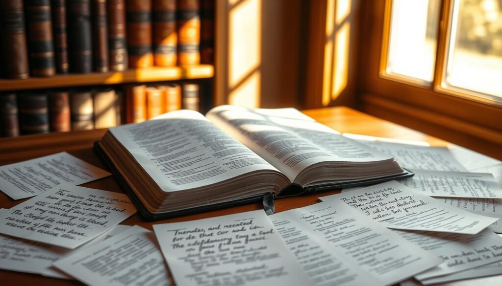 A serene, contemplative scene of an open Bible on a wooden table, surrounded by scattered pages of handwritten scripture reflections. The pages are illuminated by a warm, natural light streaming through a nearby window, casting a soft, diffused glow. In the background, a bookshelf lined with leather-bound volumes suggests a quiet study or library setting. The overall atmosphere is one of peaceful introspection, inviting the viewer to engage with the sacred texts and meditate on their meaning.