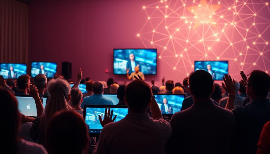 A serene digital gathering, a community of believers united in worship. A warm, soft-lit scene of people gathered around screens, their faces aglow with the digital livestream. In the foreground, a group of congregants intently focused, hands raised in praise. In the middle ground, a pastor leading the service, their words and gestures projected onto multiple displays. In the background, a soothing, abstract pattern of interconnected lines and shapes, symbolizing the digital connectivity. The overall mood is one of tranquility, reverence, and a sense of togetherness, despite the physical distance.