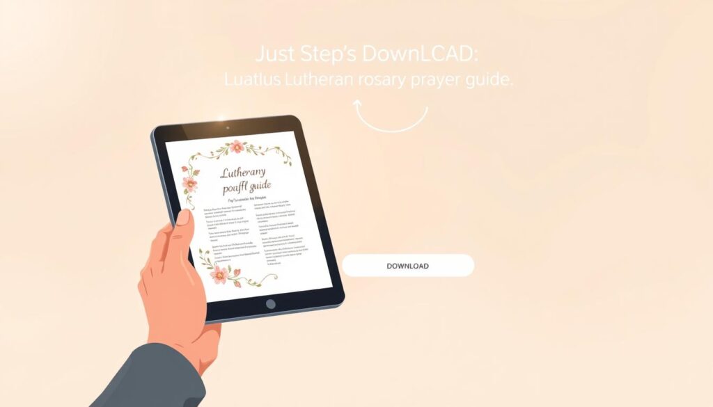 A serene digital illustration depicting the steps to download a Lutheran rosary prayer guide. In the foreground, a hand delicately holds a tablet device, the screen displaying a PDF file with elegant floral motifs. The middle ground showcases a clean, minimalist interface with intuitive navigation buttons and a prominent "Download" option. The background features a soft, muted palette of earthy tones, creating a calming, devotional atmosphere. Warm, diffused lighting casts a gentle glow, emphasizing the sacred nature of the task. The composition is balanced, with a sense of simplicity and reverence, guiding the viewer through the steps to access the valuable spiritual resource.