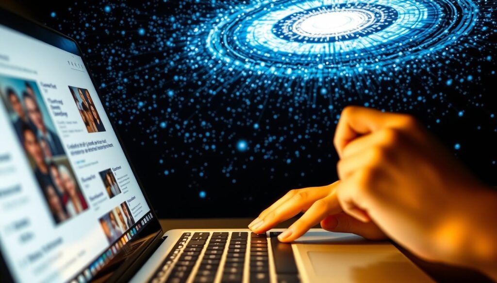 A serene digital space, illuminated by the soft glow of a laptop screen. In the foreground, a person thoughtfully contemplates an online discussion, fingers poised over the keyboard, navigating the nuanced perspectives on matters of faith. The middle ground reveals a collage of comments, diverse in opinion yet united in their search for understanding. In the background, a swirling galaxy of digital connections, a tapestry of interconnected ideas and beliefs, symbolizing the vast, interconnected nature of online faith discourse. The scene conveys a sense of contemplation, curiosity, and the quiet exploration of one's spiritual journey within the expansive, ever-evolving digital landscape.