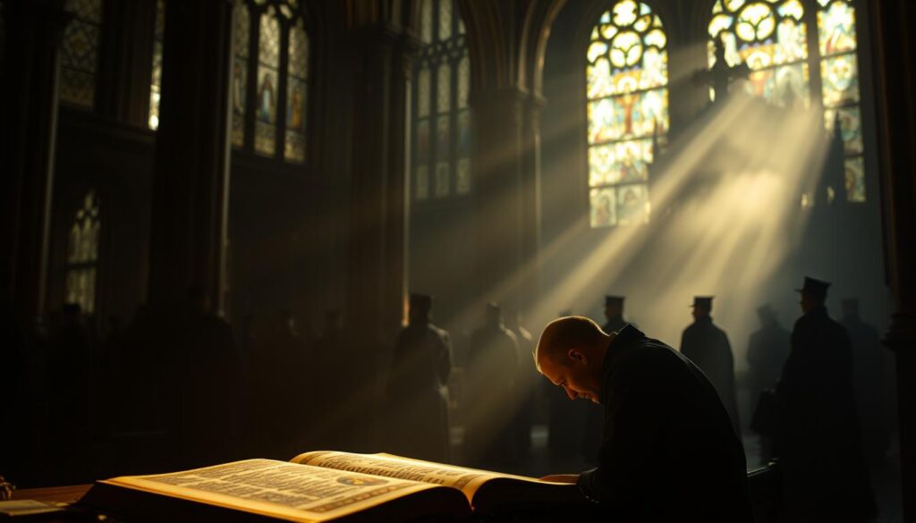 A serene, dimly lit cathedral interior, sunlight filtering through stained glass windows, casting a warm, ethereal glow. In the foreground, a lone figure, a scribe or scholar, hunched over an illuminated manuscript, deep in contemplation. The manuscript's pages seem to emanate a divine luminescence, as if imbued with a celestial power. In the middle ground, shadowy silhouettes of other scholars, each lost in their own study of sacred texts. The background fades into a mysterious, almost mystical, haze, suggesting the interplay of the mortal and the divine. The overall atmosphere evokes a sense of profound spiritual contemplation and the synthesis of human effort and divine inspiration.