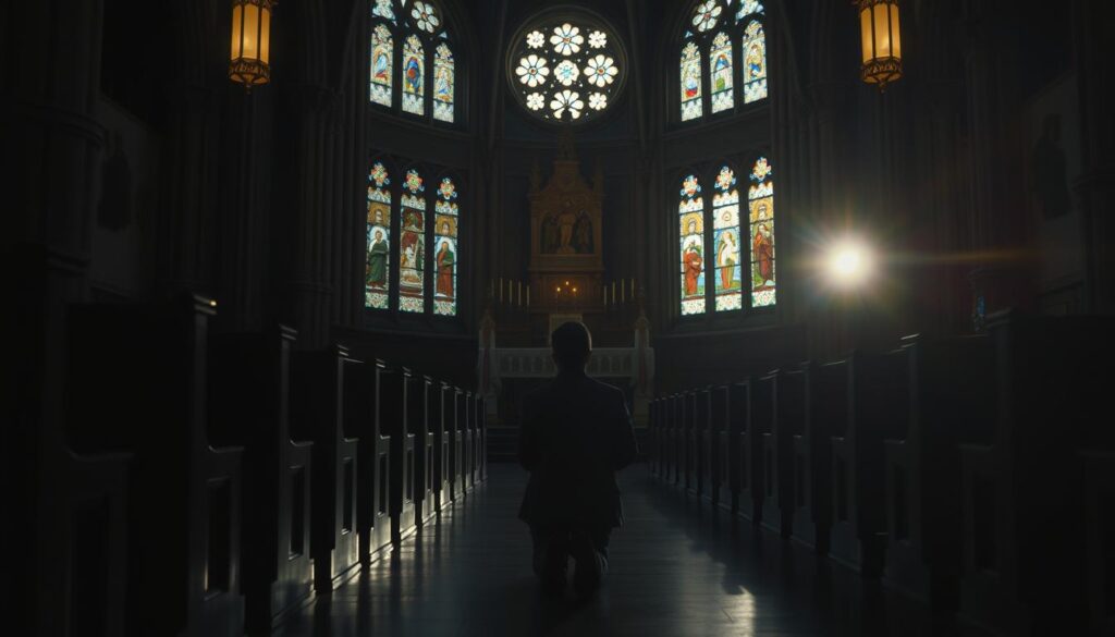 A serene, dimly lit cathedral interior, the soft glow of stained glass windows casting a warm light upon the wooden pews. In the foreground, a solitary figure kneels in prayer, hands clasped, face tranquil and reflective. Behind them, an ornate altar stands as a symbol of divine grace and salvation, the shadows receding to reveal its majestic presence. The scene evokes a sense of reverence and the quiet contemplation of Lutheran doctrine, where the individual's faith is paramount, and the path to redemption is paved by God's unwavering mercy.