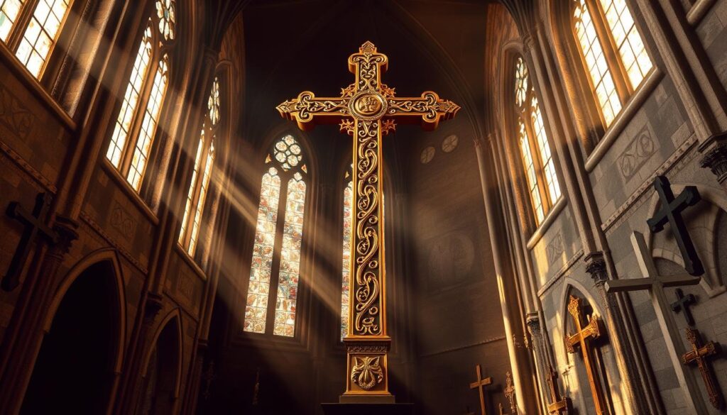 A serene, dimly lit cathedral interior with an ornate, gilded cross towering at the center. Beams of warm, ethereal light filter through stained glass windows, casting a soft, reverent glow upon the cross's intricate, symbolic design. Surrounding the central cross are smaller, diverse cross representations - simple wooden crosses, ornate Byzantine crosses, Celtic crosses, and other ancient cross motifs etched into the stone walls. The overall atmosphere evokes a sense of timeless spirituality and the rich, multifaceted nature of Christian cross symbolism.