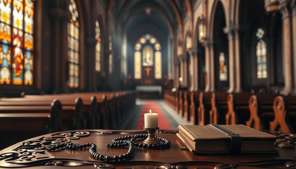 A serene, dimly lit cathedral interior with stained glass windows casting warm, ethereal light. In the foreground, an ornate, carved wooden table holds a selection of religious objects - a rosary, a candle, a small cross, and a leather-bound book. The background features rows of wooden pews and the distant altar, shrouded in a contemplative haze. The atmosphere evokes a sense of sacred contemplation and spiritual introspection, perfect for a "Holy Year Spiritual Checklist."