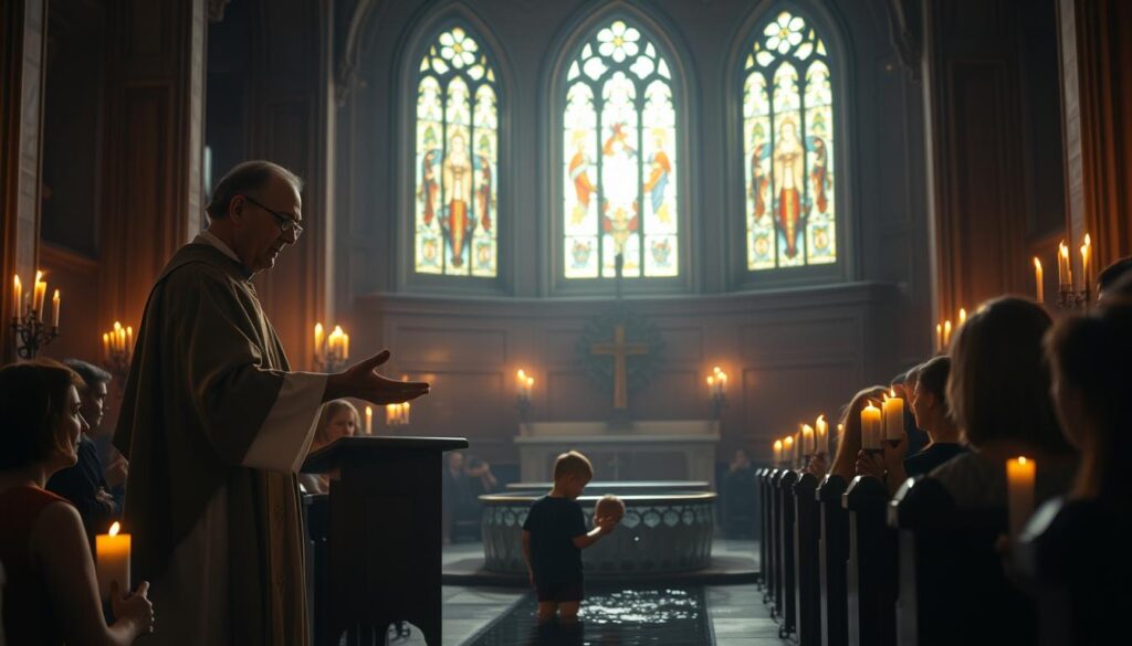 A serene, dimly lit church interior with ornate lutheran baptistery at the center. Soft, warm lighting casts a reverent glow over the scene. In the foreground, a lutheran minister stands beside the baptistery, hands outstretched over a child being gently lowered into the sacred waters. Congregation members observe solemnly from the pews, their faces illuminated by flickering candles. The stained glass windows in the background cast a heavenly, ethereal light, adding to the solemn, spiritual atmosphere. Subtle details of lutheran symbolism and architecture accentuate the ritual's significance.