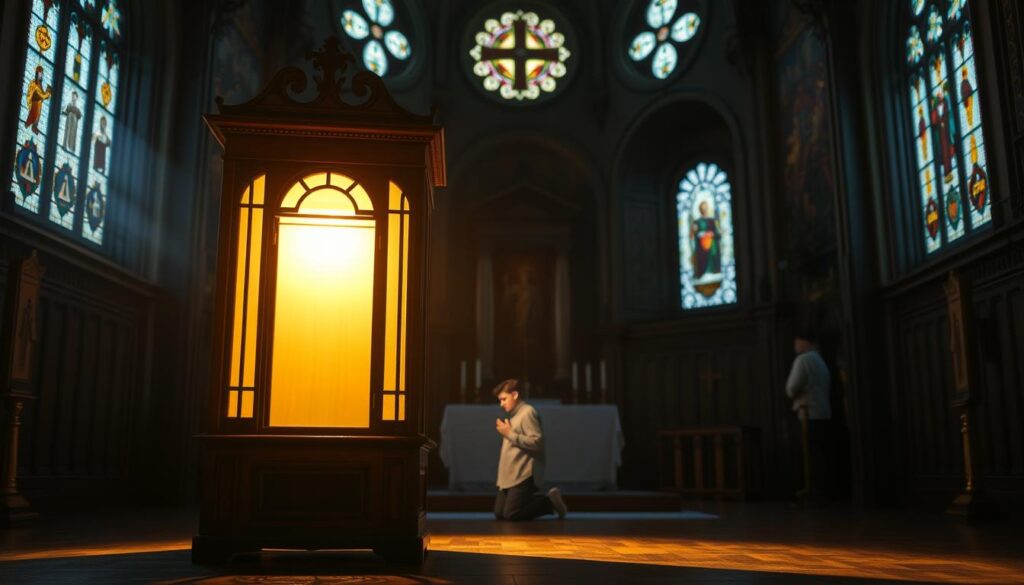 A serene, dimly lit interior space with a glowing, ornate wooden confessional booth in the foreground. Soft, warm light filters through stained glass windows, casting a peaceful ambiance. In the middle ground, a person kneels in prayer, their face illuminated by the gentle glow, exuding a sense of spiritual contemplation and renewal. The background features ornate religious architecture and symbols, creating an atmosphere of sacred solemnity. The scene evokes a profound sense of introspection, forgiveness, and the restorative power of the Catholic tradition.