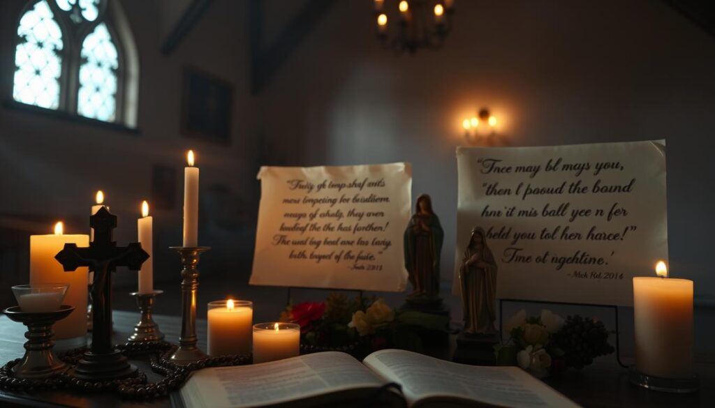 A serene, dimly lit interior with warm, glowing candlelight casting a soft, reverent ambiance. In the foreground, a collection of Catholic religious iconography and symbolic objects - a crucifix, rosary beads, a Bible, and a small statue of the Virgin Mary. In the middle ground, handwritten calligraphic quotes on parchment paper expressing themes of charity, compassion, and faith, delicately illuminated. The background fades into a hazy, ethereal atmosphere, suggesting a sense of transcendence and the divine. Lensed with a shallow depth of field to emphasize the focal elements and create a contemplative, meditative mood.