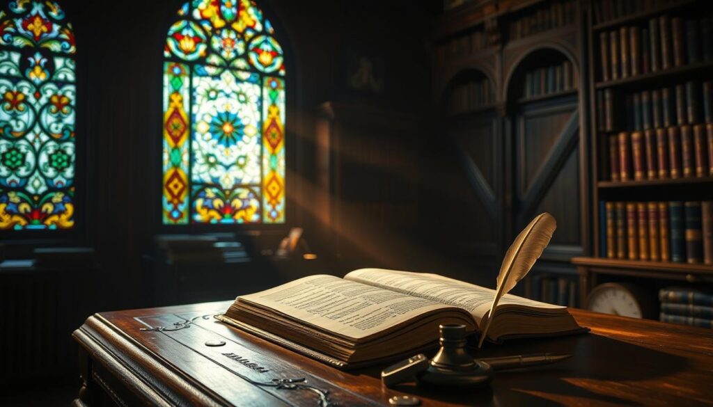 A serene, dimly lit study with ornate, leather-bound books lining the shelves. A single beam of warm, golden light cuts through the shadows, illuminating an open Bible on a worn, wooden desk. Intricate stained-glass windows cast a kaleidoscope of colors, evoking a sense of reverence and contemplation. In the foreground, a quill and ink well sit poised, ready to capture the reflections and insights that emerge from the scriptures. The atmosphere is one of quiet contemplation, inviting the viewer to engage in a deeper exploration of faith and spirituality.