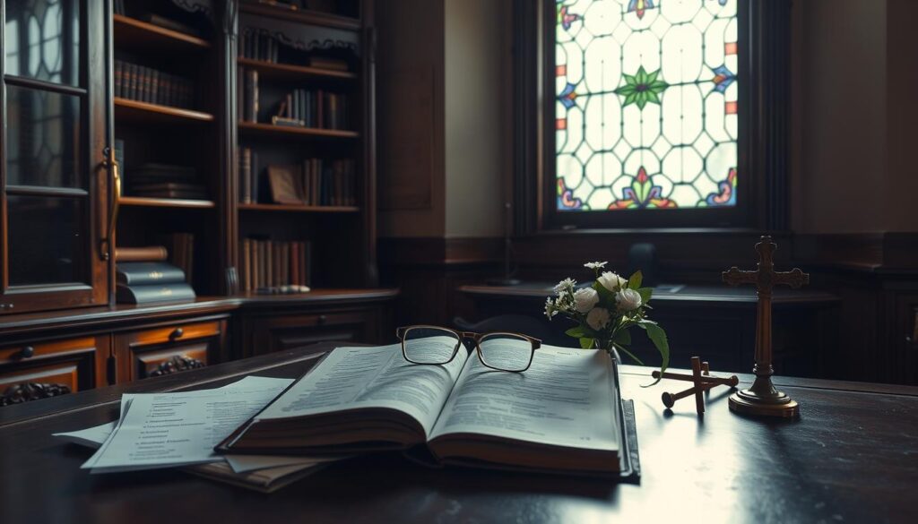 A serene, dimly lit study with ornate wooden shelves and a large, stained-glass window casting warm, muted light. On the desk, a leather-bound book, a family heirloom, lies open, surrounded by financial documents and a pair of reading glasses. Beside it, a simple cross and a delicate vase of fresh flowers, symbolizing the integration of faith and financial planning. The room exudes a sense of thoughtful contemplation and a reverence for the legacy one wishes to leave behind.