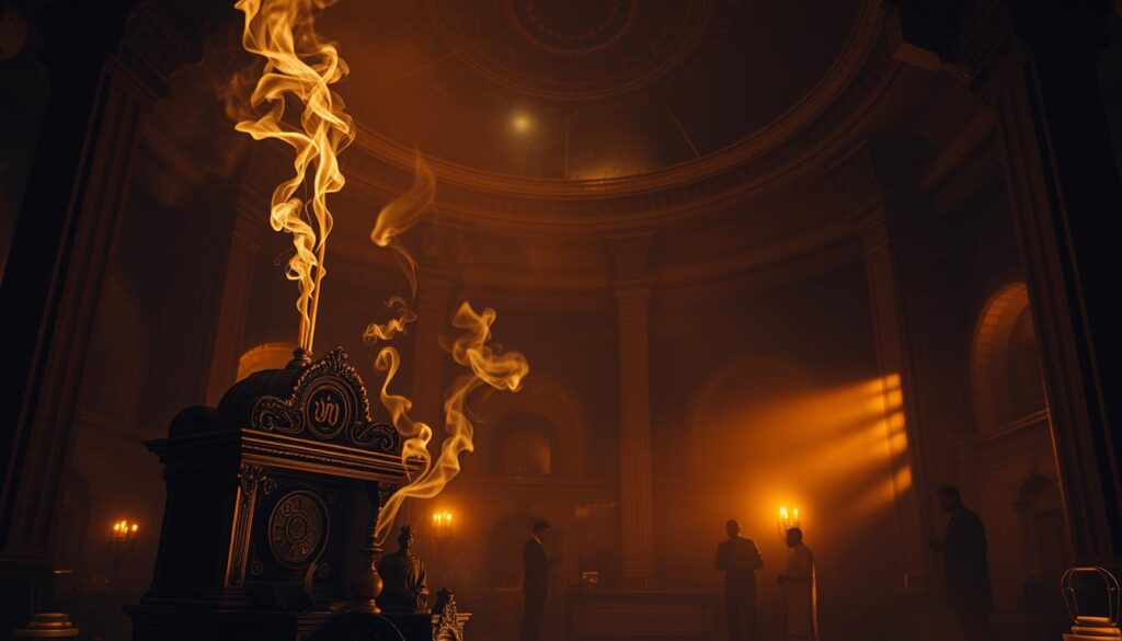 A serene, dimly lit temple interior bathed in warm, golden light. In the foreground, an ornate altar adorned with intricate carvings and symbols of Vedic astrology - planets, stars, and mystical diagrams. Hovering above the altar, wisps of incense create an ethereal, meditative atmosphere. In the middle ground, the silhouettes of priests performing rituals, their hands tracing the celestial patterns. The background reveals a domed ceiling with painted constellations, echoing the themes of the cosmic knowledge and spiritual enlightenment at the heart of Vedic astrology. The overall composition evokes a sense of timeless wisdom, connection to the divine, and the profound principles of karma guiding the human experience.