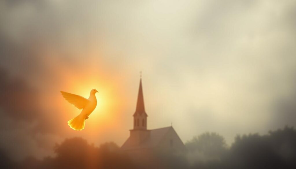 A serene, ethereal scene depicting the role of the Holy Spirit in Lutheran doctrine. In the foreground, a glowing, dove-like figure radiates a warm, celestial light, symbolizing the Holy Spirit's presence and guidance. In the middle ground, a simple church steeple rises, representing the Lutheran tradition and its emphasis on scripture and salvation. The background is bathed in a soft, heavenly glow, creating an atmosphere of reverence and divine contemplation. The lighting is muted and atmospheric, casting a contemplative, spiritual mood. The overall composition evokes the Lutheran belief in the Holy Spirit's essential role in the process of sin and salvation.