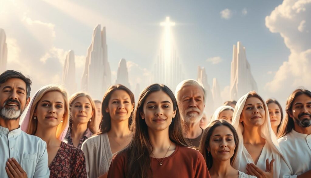 A serene, ethereal scene of modern spiritual saints, bathed in soft, heavenly light. In the foreground, a diverse group of individuals, their faces radiant with inner peace and wisdom, each embodying the qualities of compassion, humility, and devotion. Behind them, a dreamlike landscape unfolds, with towering, luminous structures and floating, translucent forms that evoke a sense of the divine. The overall atmosphere is one of tranquility, contemplation, and a deep connection to the spiritual realm, capturing the essence of the role of Catholic saints in the contemporary spiritual landscape.