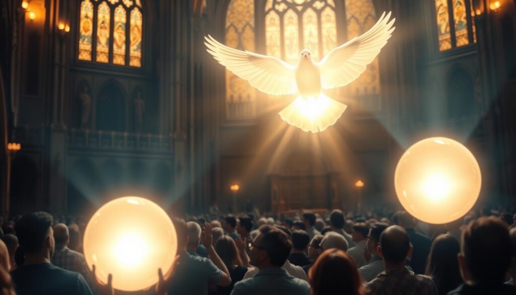 A serene, ethereal scene of the Holy Spirit manifesting through the sacraments of Lutheranism. In the foreground, a glowing, dove-like figure radiates divine light, its wings outstretched in a gesture of benediction. Surrounding it, the sacraments of Baptism, Communion, and Confession are depicted as glowing, translucent orbs, each pulsing with an inner luminescence. The middle ground features a congregation of worshippers, their faces uplifted in reverence, their hands outstretched to receive the spiritual blessings. In the background, a grand, Gothic cathedral rises, its stained-glass windows casting a warm, amber glow, creating an atmosphere of sacred solemnity. The lighting is soft and diffuse, lending an otherworldly, transcendent quality to the scene.