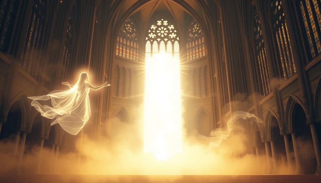 A serene, ethereal scene of the divine refinement process. In the foreground, a luminous, ethereal figure representing the soul ascends, bathed in a soft, heavenly glow. The middle ground depicts a shimmering portal, a gateway to the afterlife, surrounded by wisps of celestial energy. In the background, a majestic, cathedral-like structure rises, its intricate architecture and stained-glass windows reflecting the sacred nature of the journey toward holiness. Warm, diffused lighting bathes the scene, creating a sense of transcendent peace and reverence. Soft, muted tones and a sense of weightlessness convey the sacred, transformative nature of the sanctification process.