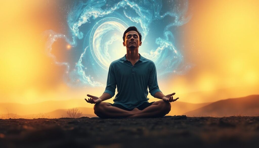 A serene figure embarking on a modern spiritual journey, surrounded by ethereal light and cosmic energy. In the foreground, a person sits cross-legged, eyes closed, hands in a meditative pose, radiating an aura of inner peace. In the middle ground, a glowing portal or dimensional rift opens, revealing a hypnotic display of celestial phenomena - swirling nebulae, glimmering stars, and shimmering energy fields. The background is a hazy, dreamlike landscape, blending natural and abstract elements, conveying a sense of transcendence and the interconnectedness of the physical and spiritual realms. Soft, warm lighting bathes the scene, creating an atmosphere of contemplation and enlightenment.