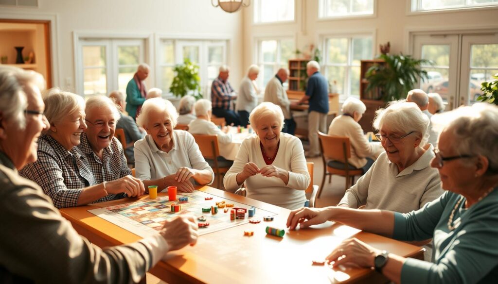 A serene gathering of senior residents enjoying a variety of community activities in a well-appointed, sunlit common area. In the foreground, a group of elders playing a lively board game, their faces animated with laughter and camaraderie. In the middle ground, several seniors engage in arts and crafts, their hands deftly shaping colorful creations. Across the room, a cluster of residents gather around a piano, one playing a soothing melody while others hum along. The scene is bathed in warm, natural lighting that filters through large windows, creating a tranquil and inviting atmosphere. The overall mood evokes a sense of vibrant, active community life and a welcoming, nurturing environment for the senior residents.