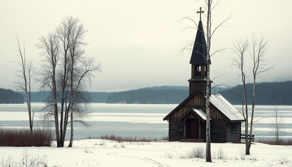 A serene, historical landscape depicting the origins of the Laestadian Lutheran movement. In the foreground, a wooden church with a tall steeple stands amidst a snowy, Nordic setting. Birch trees and a frozen lake create a tranquil middle ground, while the distant mountains are shrouded in a soft, muted light. The scene conveys a sense of reverence and tradition, reflecting the deep-rooted spirituality at the heart of this Christian denomination. The composition is balanced, with the church as the focal point, guiding the viewer's eye through the layers of the image. Subtle, muted tones and a painterly, analog aesthetic evoke the timeless quality of this historical narrative.