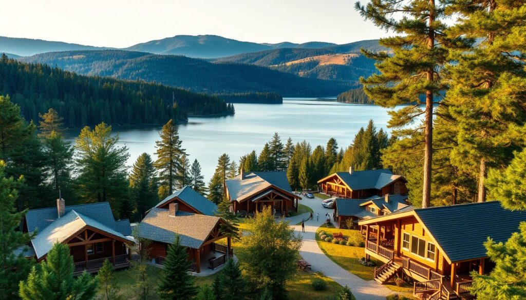 A serene lakeside camp nestled amidst lush pine forests. In the foreground, well-maintained cabins and lodges with rustic wooden exteriors and inviting porches. In the middle ground, a bustling activity center with a large dining hall, recreation facilities, and a cozy lounge. The background showcases a glistening lake surrounded by rolling hills, bathed in warm golden-hour lighting. The scene conveys a sense of tranquility and adventure, perfect for families and nature enthusiasts. Crisp, high-resolution, realistic, cinematic quality.