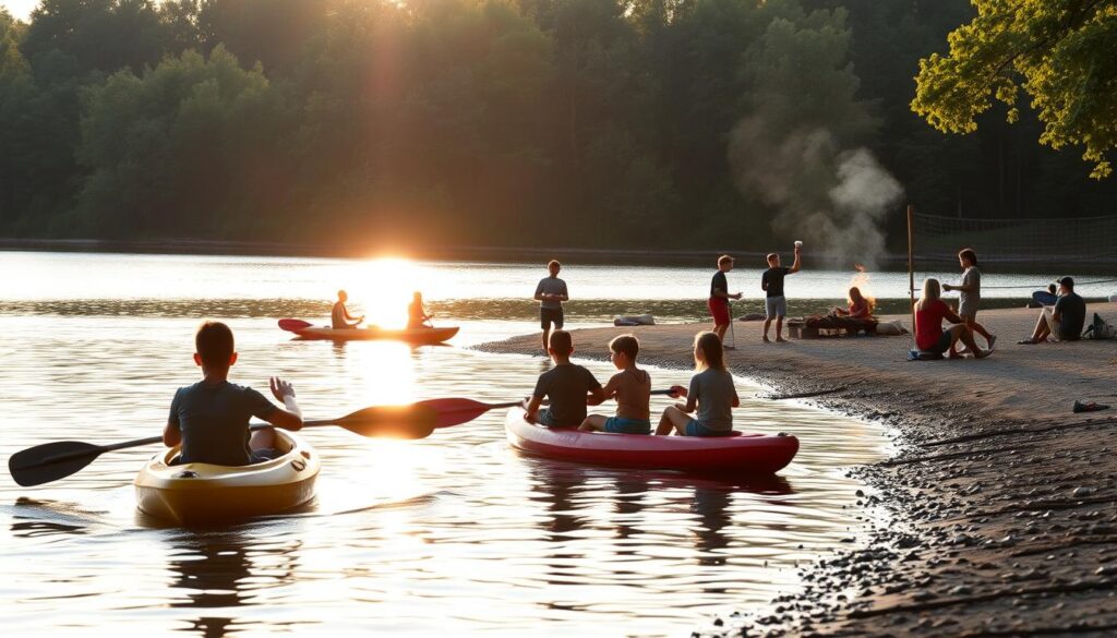 A serene lakeside scene at a lively summer camp, with campers engaged in a variety of outdoor activities. In the foreground, a group of children kayak across the still waters, their paddles gently dipping into the reflective surface. On the shoreline, others participate in a friendly game of volleyball, their silhouettes casting long shadows in the warm evening light. Further back, a campfire crackles, surrounded by teenagers roasting marshmallows and sharing stories. The background features a dense forest canopy, with the sun's rays filtering through the leaves, creating a magical, golden glow over the entire scene. The overall atmosphere is one of carefree adventure, natural wonder, and cherished memories.