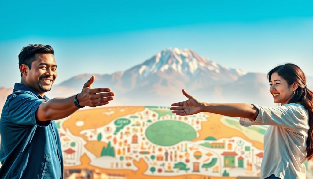 A serene landscape showcasing the power of global partnerships and peaceful initiatives. In the foreground, two diverse figures extend their hands in a symbolic gesture of unity, their expressions radiating warmth and understanding. The middle ground features a tapestry of cultural icons and symbols, representing the rich diversity of the world. In the background, a majestic mountain range rises, capped with snow and bathed in a soft, golden light, conveying a sense of timeless tranquility. The scene is illuminated by a diffused, natural lighting that casts gentle shadows, creating a harmonious and inspiring atmosphere.