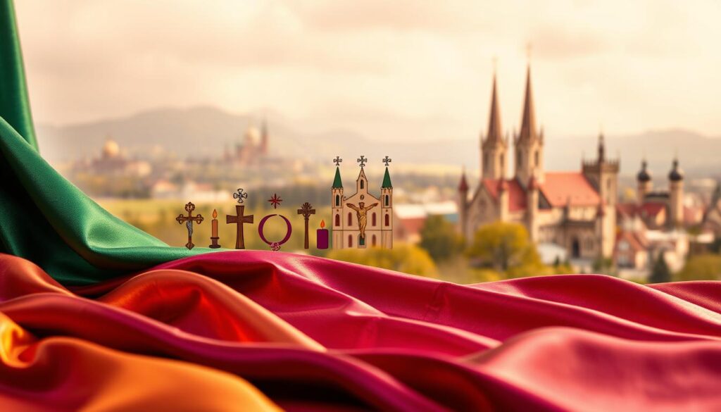 A serene liturgical calendar unfolds in rich, jewel-toned hues. The foreground showcases the symbolic colors of the seasons - vibrant greens, deep purples, radiant whites, and burnished golds. Tactile textures of brocade, satin, and velvet create a sense of tactile warmth. In the middle ground, stylized illustrations of holy symbols, from crosses to candles, are arranged in a contemplative pattern. The background features a softly blurred landscape of churches and cathedrals, their spires reaching heavenward. Soft, diffused lighting imbues the scene with a reverent, contemplative atmosphere, inviting the viewer to pause and reflect on the rhythms of the liturgical year.