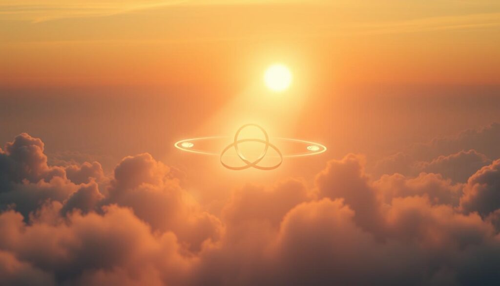A serene, luminous scene depicting the core elements of trinitarian theology. In the foreground, a radiant, three-part geometric symbol representing the three persons of the Trinity - the Father, the Son, and the Holy Spirit - floating amidst a haze of warm, golden light. In the middle ground, glowing celestial orbs and shimmering halos symbolize the divine nature and eternal existence of the Triune God. The background features a tranquil, cloud-filled sky bathed in a soft, heavenly glow, evoking a sense of wonder, contemplation, and the transcendent mystery of the Holy Trinity. Crisp, high-resolution details with a cinematic, ethereal atmosphere.