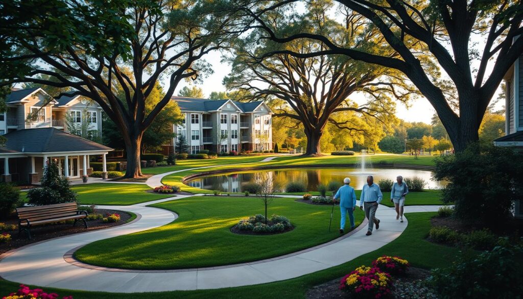 A serene, maintenance-free senior living community nestled in a lush, verdant landscape. The foreground depicts a well-manicured courtyard with winding paths, benches, and vibrant flower beds. In the middle ground, a modern, energy-efficient apartment building with clean lines and large windows, inviting natural light. The background showcases a tranquil pond surrounded by towering oak trees, their branches casting a warm, dappled glow. Elderly residents stroll leisurely, enjoying the peaceful ambiance and the freedom from daily chores. The scene conveys a sense of security, comfort, and a high quality of life in a Lutheran retirement home.