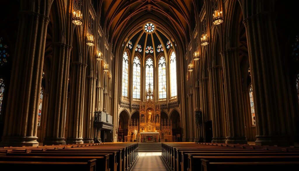 A serene, majestic interior of a Roman Catholic cathedral, bathed in warm, diffused lighting from stained glass windows. In the foreground, a grand, ornate altar adorned with sacred chalices, candles, and religious symbols. Rows of wooden pews fill the middle ground, leading the viewer's gaze towards the ornate altar and the ornate, vaulted ceiling above. In the background, intricate stained glass windows and intricate stone arches frame the sacred space, creating a reverent, contemplative atmosphere.