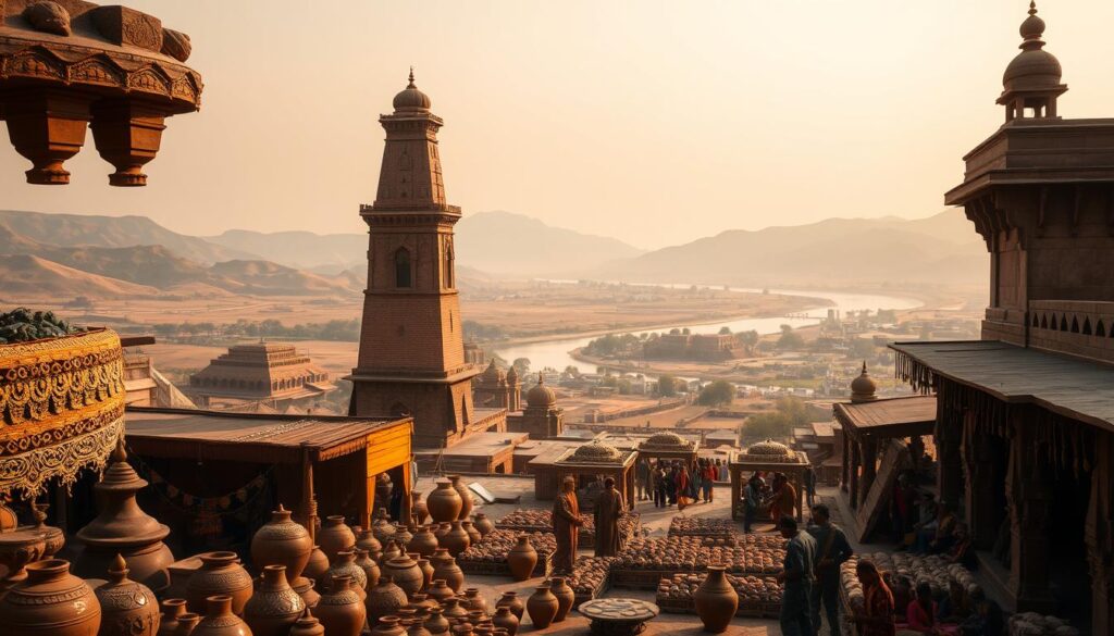A serene, majestic landscape of the ancient Indus Valley Civilization. In the foreground, a bustling marketplace with intricate clay pottery, ornate jewelry, and vibrant textiles. In the middle ground, towering brick structures with distinctive architectural flourishes, hinting at the advanced urban planning of this lost civilization. In the background, rolling hills and a meandering river, framed by a warm, golden-hued sky. The scene is bathed in soft, diffused lighting, conveying a sense of timeless wonder and reverence for this cradle of early Hinduism.