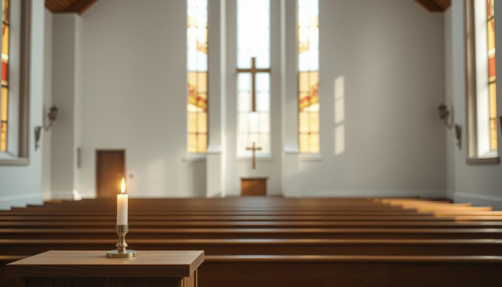 A serene, minimalist Lutheran worship service design. In the foreground, a simple wooden lectern and a single candle flickering softly. In the middle ground, a clean, uncluttered sanctuary with pews arranged in a semicircle, allowing for an intimate, communal setting. The background features tall, narrow stained-glass windows that cast warm, ethereal light throughout the space, creating a reverent and contemplative atmosphere. The lighting is soft and natural, with shadows gently defining the architectural details. The overall composition evokes a sense of tranquility, reflection, and connection with the divine.