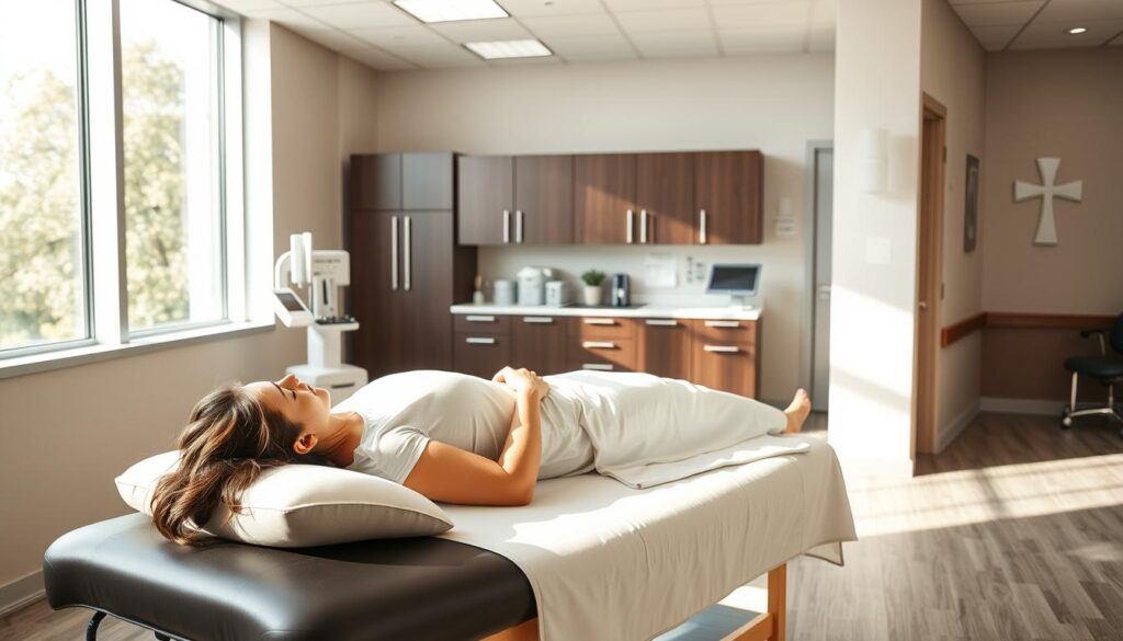 A serene, modern medical clinic interior. In the foreground, a patient reclining on a padded treatment table, receiving a non-invasive pain management therapy, such as acupuncture or massage. Soft, natural lighting filters in from large windows, creating a calming ambiance. The middle ground features state-of-the-art medical equipment and cabinets, conveying the advanced, yet holistic approach to treatment. In the background, subtle Lutheran cross motifs and soothing earth-toned decor reinforce the hospital's commitment to comprehensive, faith-based orthopedic care.